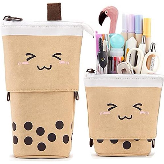 Telescopic Pencil Bag Pen Holder Pop Up Stationery Case, Stand-up Retractable Transformer Bag Standing Organizer, Great for Christmas Holiday New Year Office Bag Brown