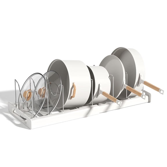 Telescopic Pot Rack Expandable Kitchen Cabinet Organizer for Pots Pans Lids Baking Sheets Adjustable Storage Rack for Under Sink or Pantry Heavy-Duty Cookware Organizer for Home Kitchen