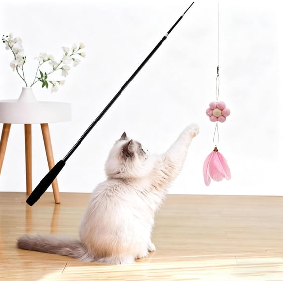 Telescopic Retractable Cat Teaser Wand with Replaceable Feather, Bell & Catnip Chamber, 360° Rotating Interactive Cat Toy for Exercise, Training & Boredom Relief, Pink