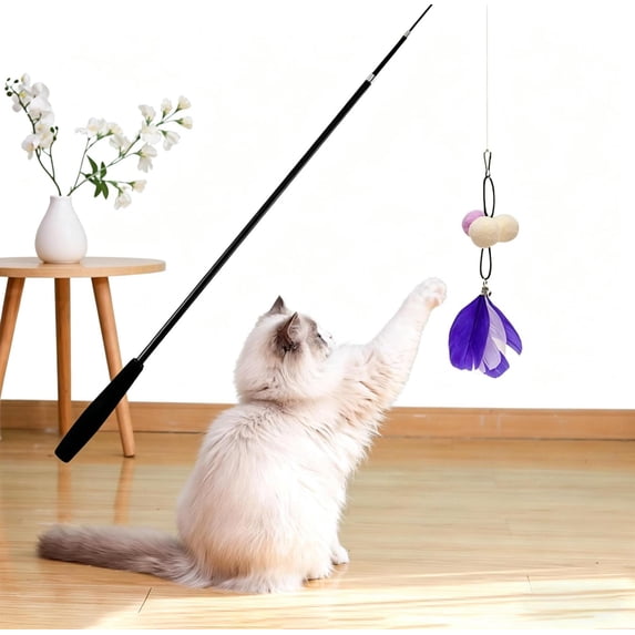 Telescopic Retractable Cat Teaser Wand with Replaceable Feather, Bell & Catnip Chamber, 360° Rotating Interactive Cat Toy for Exercise, Training & Boredom Relief, Purple