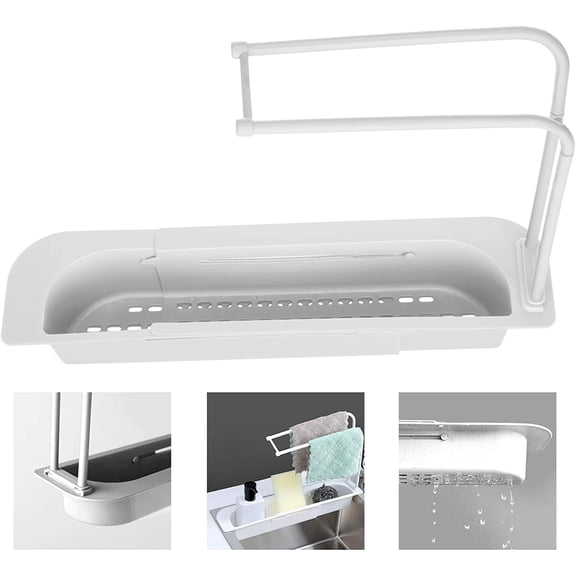Telescopic Sink Rack Adjustable Sponge Soap Holder Dish Cloth Hanger Sink Tray, 2-in-1 Sink Caddy, Expandable Storage Drain Basket for Home Kitchen Kit