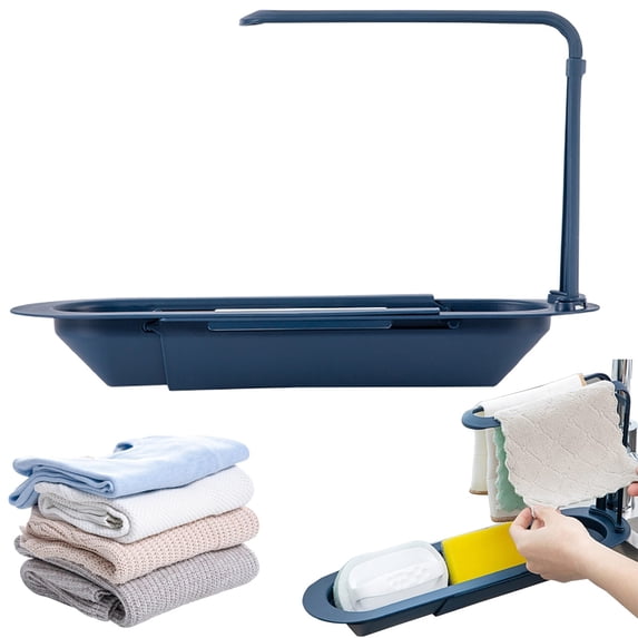 Telescopic Sink Storage Rack, 14.7-20.7inch Expandable Drain Basket for Sponge and Soap, Multifunctional Kitchen Counter Organizer, Drying Rack with Utensil Holder, Adjustable Tray Shelf