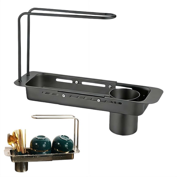 Telescopic Sink Storage Rack, Adjustable Stainless Steel Sink Caddy 14.6-16.9 Inches, 2-in-1 Expandable Drain Basket Organizer for Kitchen Bathroom Sponges Soap Towels Brushes