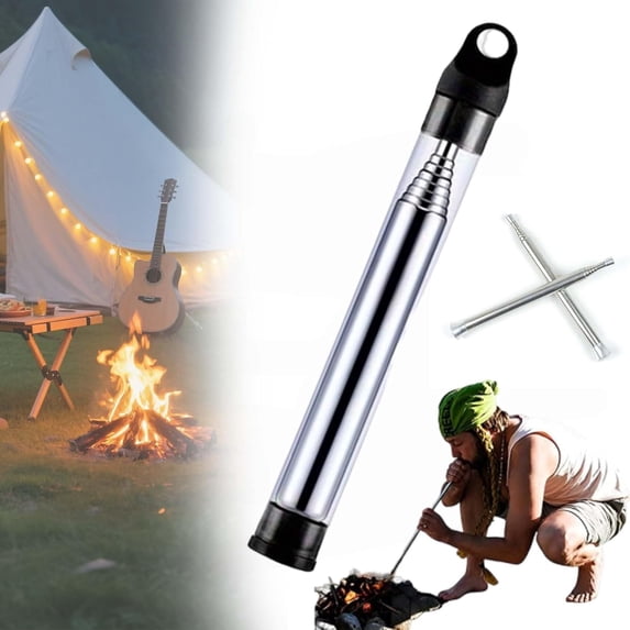 Telescopic Stainless Steel Blow Fire Tube, Portable Pocket Fire Starter Tool for Camping Hiking BBQ Survival, Lightweight Retractable Fire Bellow with Storage Box for Outdoor Enthusiasts