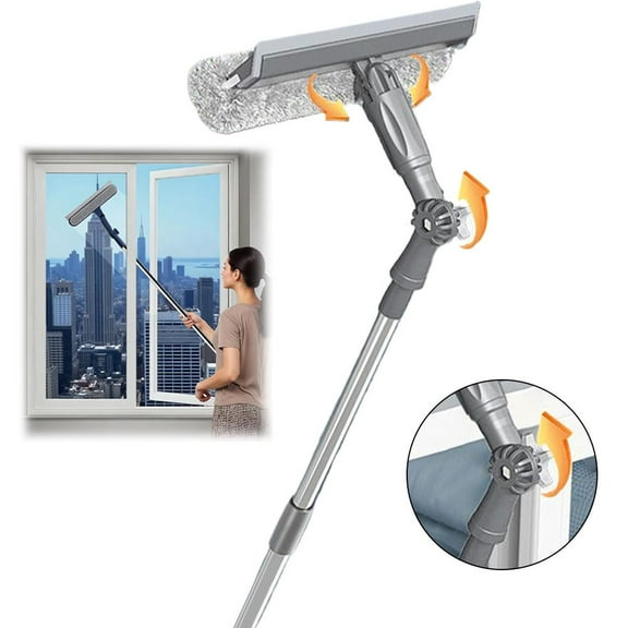 Telescopic Window Cleaner with Extendable 3.3 Ft Long Handle, Professional Window Squeegee Scrubber for High Window Cleaning, Dual-Action Microfiber and Rubber Wiper Tool