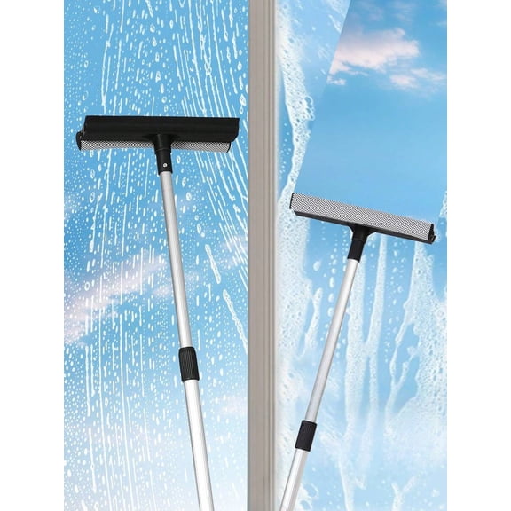Telescopic Window Cleaner with Squeegee and Sponge, 2-in-1 Extendable Aluminum Pole for High-Rise Glass, Shower Doors, Car Windshields and Mirrors, Scrubbing Tool