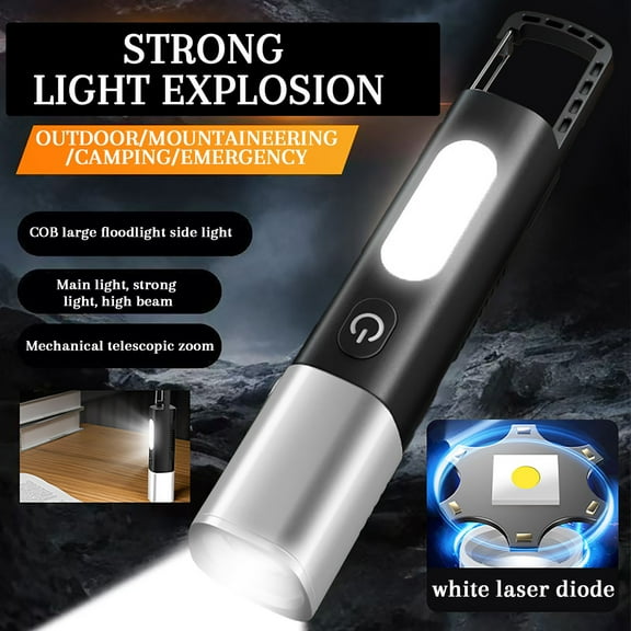 Telescopic Zoom Flashlight with COB Side Light, Rechargeable White Laser Diode, Weather-Resistant, Hook Design for Camping, Work & Emergencies