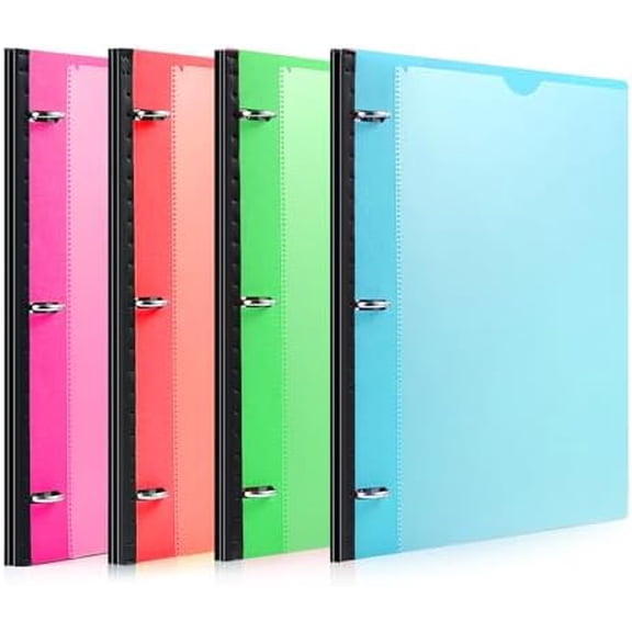 Telescoping 3 Ring Binder-4PCS, Flexible Binder with Customized Front Cover+Clear Catalog Pocket+3 Round Rings, Flat Writing Binder, 4 Bright Colors