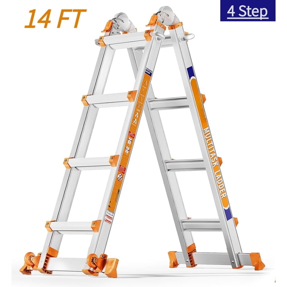 Telescoping A Frame Ladder, 14FT Multi Position Ladder with Stabilizer Bar & Wheels,330 lbs Security Load for Stairs Home Indoor Outdoor Roof