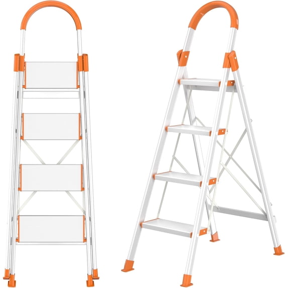 Telescoping A- Ladder with Stabilizer Aluminum Folding Extension Ladder Compact &; Space-Saving for Household or Outdoor Work Load Orange