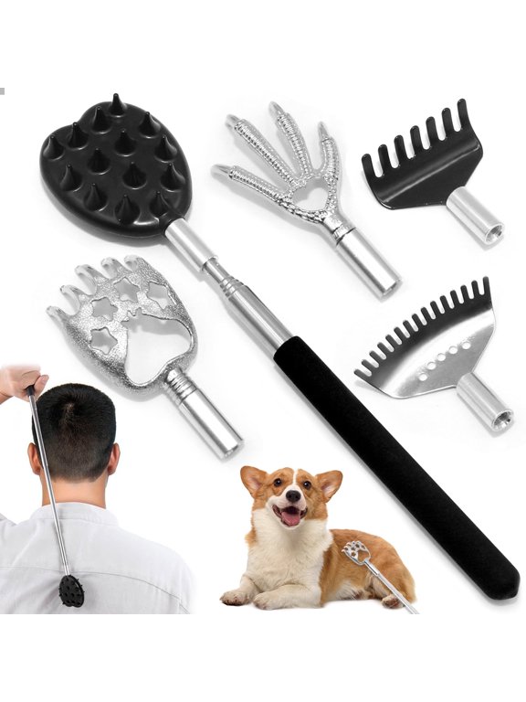 Telescoping Back Scratcher with 5 Detachable Scratching Heads, Stocking Stuffers for Men Back Scratcher for Men/Dad/Women, White Elephant Gifts for Adults