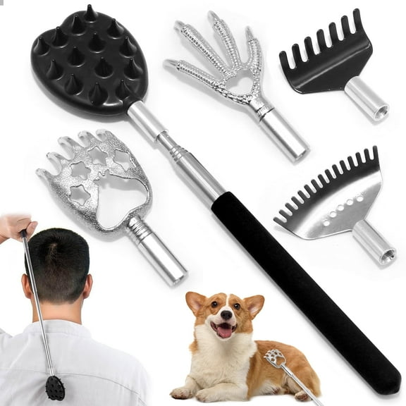 Telescoping Back Scratcher with 5 Detachable Scratching Heads, Stocking Stuffers for Men Back Scratcher for Men/Dad/Women, White Elephant Gifts for Adults