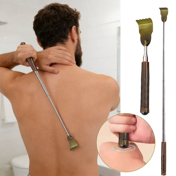 Telescoping Back Scratcher with Ox Horn Head, Extendable Stainless Steel Handle, Portable Itch Relief Massager for Adults, Travel & Home Use