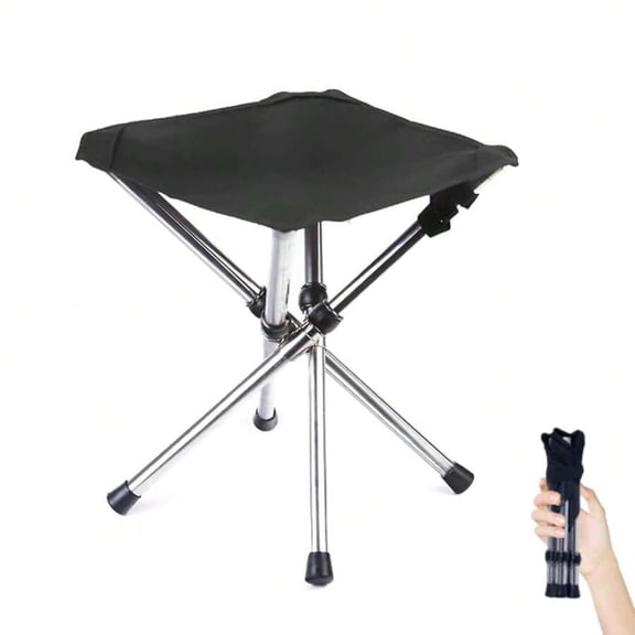 Telescoping Camping Stool - Ultra-Lightweight Stainless Steel Foldable Stool With Black Seat, Supports 240 Lbs, Compact 12.6 Folded