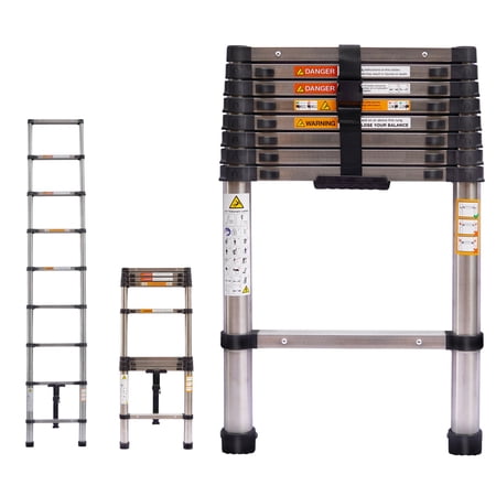 Telescoping Extension Ladder Stainless Steel Single Ladder Portable Home DIY RV Ladder with Non-Slip Feet, 330lbs Max Load, EN131 Standard, Easy to Store and Transport (8.5ft)