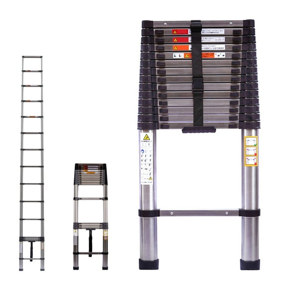 Telescoping Extension Ladder Stainless Steel Single Ladder Portable Home DIY RV Ladder with Non-Slip Feet, 330lbs Max Load, EN131 Standard, Easy to Store and Transport (12.5ft)