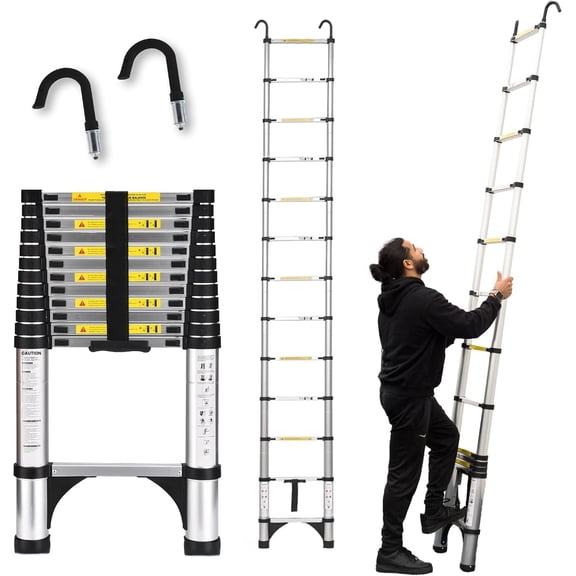 Telescoping Ladder, 10.5 FT Lightweight Extension Ladder with 2 Hooks, 2 Triangle Stabilizers & Non-Slip , 330 Lbs Capacity, for , RV & Outdoor Work