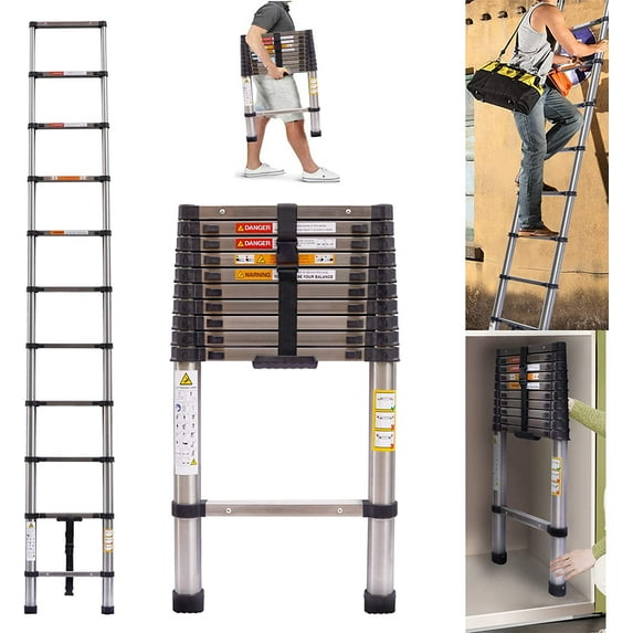 Telescoping Ladder, 10 FT Stainless Steel Extension Ladder for Home, Collapsible Ladders 330 Lb Max Capacity, Multi-Purpose Telescopic Ladder for Roof Ceiling, Household Daily, EN131 Certificated