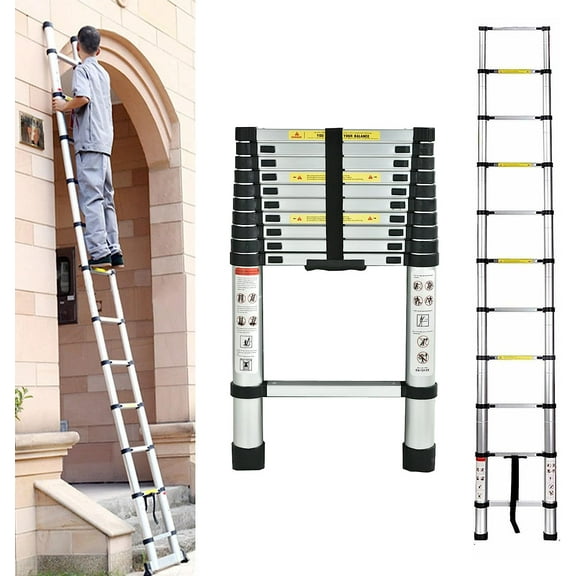 Telescoping Ladder 10FT Telescopic Extension Ladder Loft Ladder Attic Ladder Compact Ladder Collapsible Ladders Lightweight Portable Multi-Purpose Folding Ladder Heavy Duty 330 Lb Load Capacity, EN131