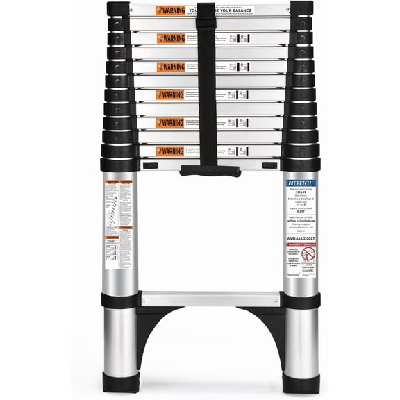 Telescoping Ladder 12.5 FT A Button, Aluminum Lightweight Extension Ladder with 2 Triangle Stabilizers, Heavy Duty 330lbs Max Capacity, Multi-Purpose Collapsible Ladder for Household or Outdoor Work