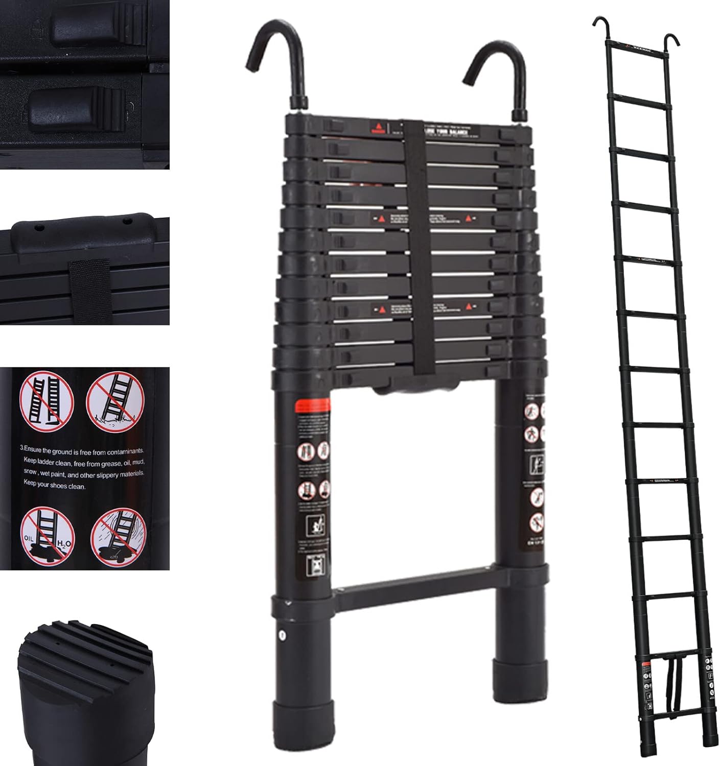 Telescoping Ladder 12.5FT/3.8M Aluminum Black Telescopic Extension ...
