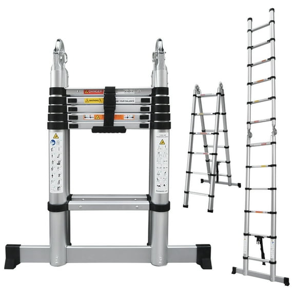 Telescoping Ladder 12.5ft (6.2ft + 6.2ft) A-Type Aluminum Extension Ladder with Stabilizer Bar, 330lbs Load Capacity, EN131 Standard, Weight 29.8lbs, Heavy Duty Folding Ladder for Home, Office