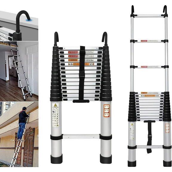Telescoping Ladder 14FT Aluminum Telescopic Ladder with 2 Detachable Roof Hooks, Roof Ladder Extension Collapsible Ladder for RV, Multi-Purpose Folding Ladder, Outdoor Work Ladder 330lbs Max Capacity