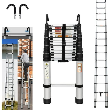 Telescoping Ladder 14FT Aluminum Telescoping Extension Ladder with Roof Hooks, 2.8Inch Detachable Hooks Prefect for Home Or Outdoor Rooftop, Collapsible Ladder Attic Ladder Rv Ladder 330lb Capacity