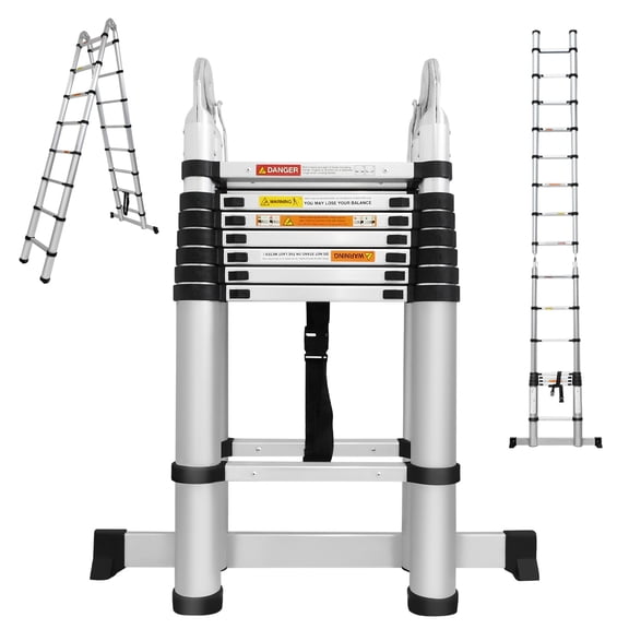 Telescoping Ladder 16.4ft Aluminum Folding Ladder A Shape Portable Home Ladder with Stabilizer Bar, Non Slip Feet, 330lbs Max Load, Folded Size 3ft, for Home, Office, Garden, Outdoor