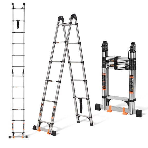 Telescoping Ladder 16.5 FT A Frame, Extension Multi-Purpose with Balance Bar Heavy Duty 330 lbs Max Capacity for Home and Outdoor Work, Silver