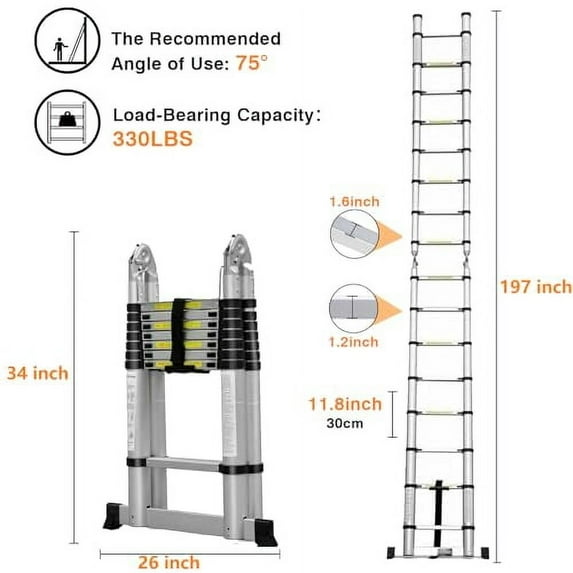 Telescoping Ladder 16 FT Aluminum Telescopic Extension Ladder, Multi-purpose Collapsible Ladder for RV, Portable Lightweight Attic Ladder for Home or Outdoor Work, with Stabilizer