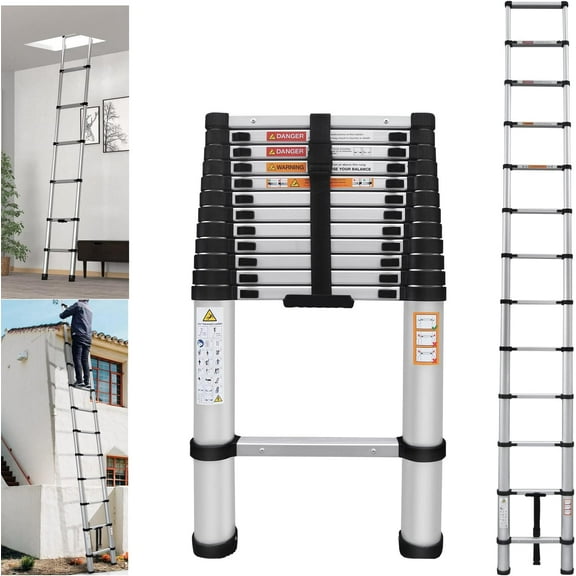 Telescoping Ladder, 16 FT Aluminum Telescopic Ladder Extension Collapsible Ladder for RV, Multi-Purpose Folding Ladder Roof Ladder Attic Ladder, Heavy Duty 330lbs Max Capacity Outdoor Work Ladder
