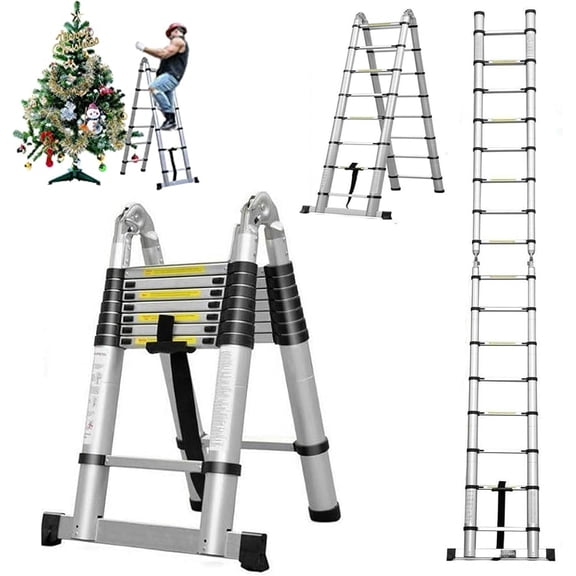 Telescoping Ladder 16FT Aluminum Telescopic Extension Ladder, Multi-purpose Collapsible Ladder for RV, Portable Lightweight Attic Ladder for Home or Outdoor Work, with Stabilizer Bar, 330 lb Capacity