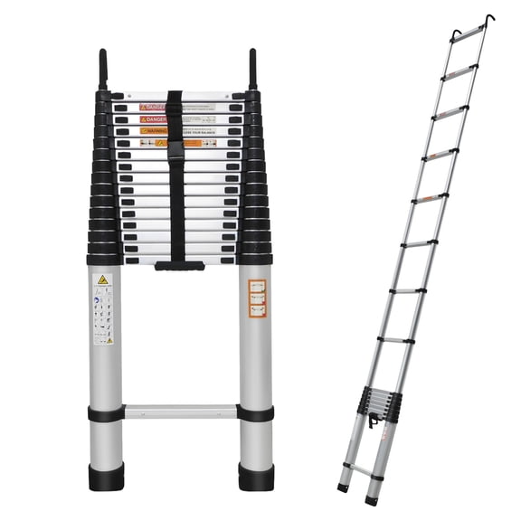 Telescoping Ladder 20.3ft Aluminum Extension Folding Ladder with 2 Hooks, 330lbs Max Load, with Anti-Slip Rubber Feet, Folded Height 3.4ft, Weight 36lbs, Portable Attic Ladder Easy to Transport