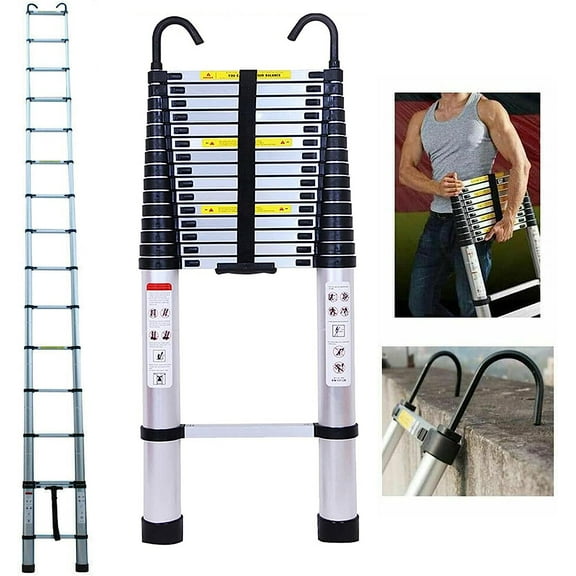 Telescoping Ladder 20FT Extension Ladder Aluminum Telescopic Ladder with 2 Detachable Hooks, Collapsible Ladders Heavy Duty Portable Ladder 330 Lb Load Capacity, Multi Purpose Ladder for Roof Ceiling