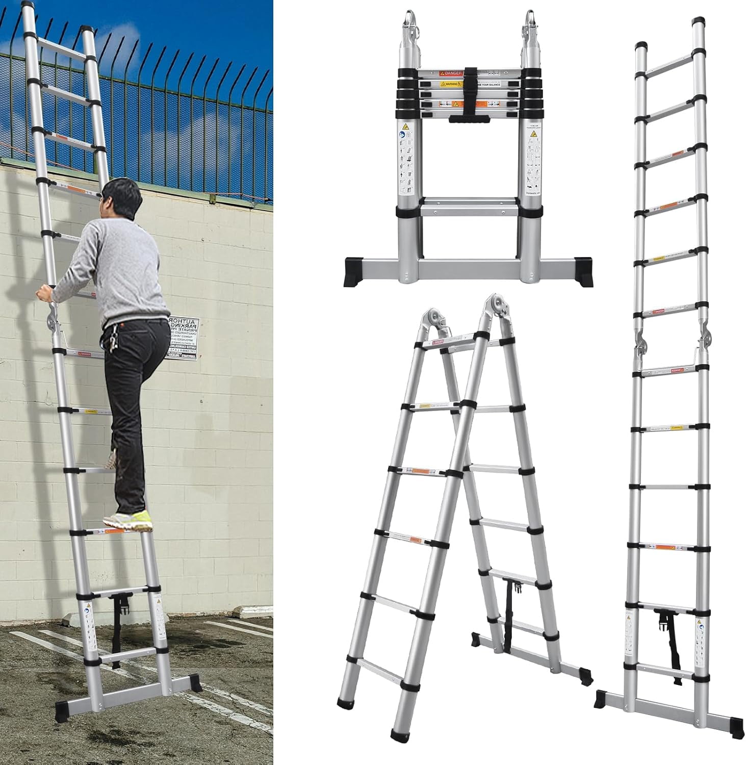 Telescoping Ladder, 6+7 Step Aluminum Extension Ladder Lightweight