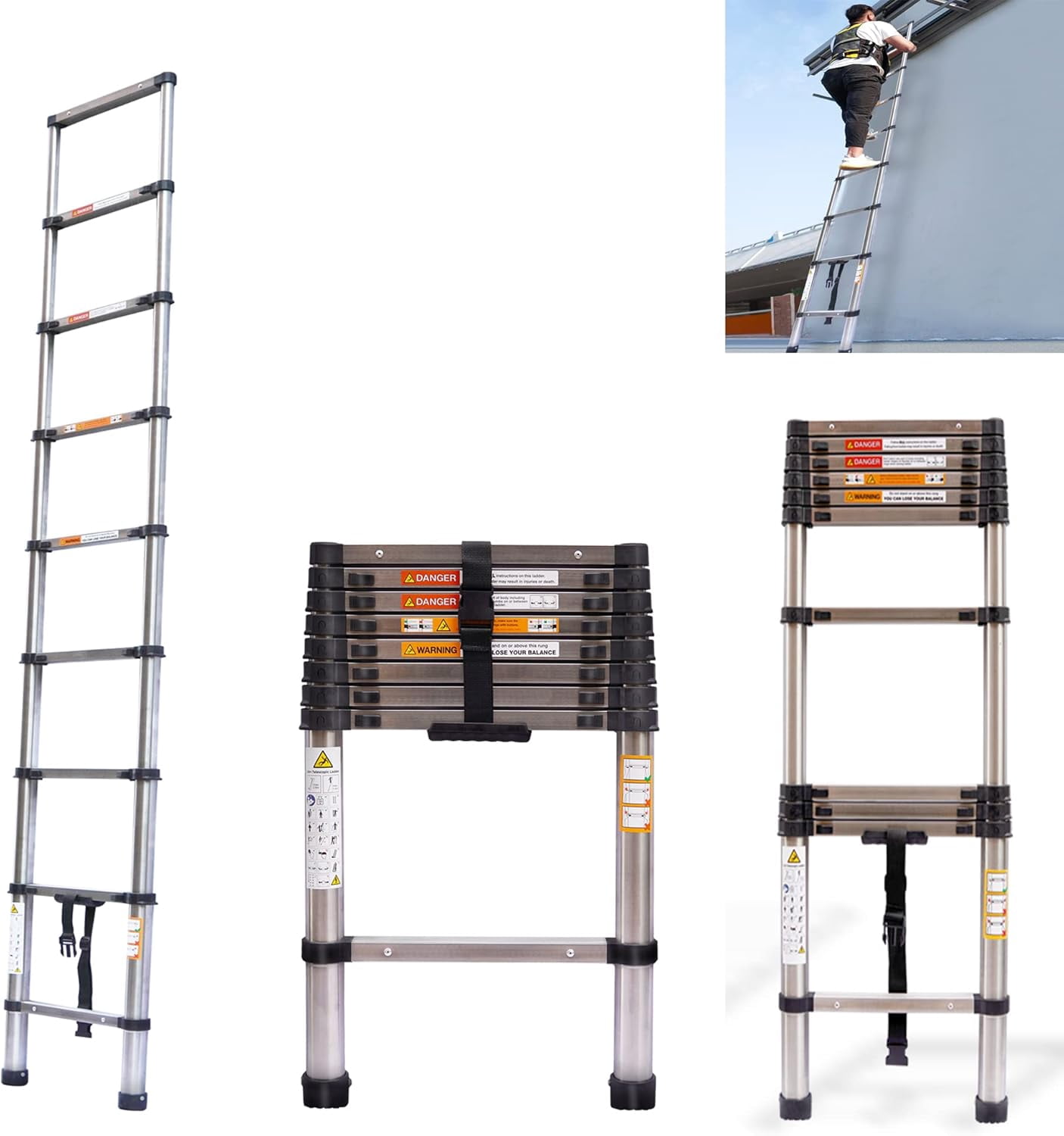 Telescoping Ladder 8.5 FT, Stainless Steel Extension Extendable Ladder ...