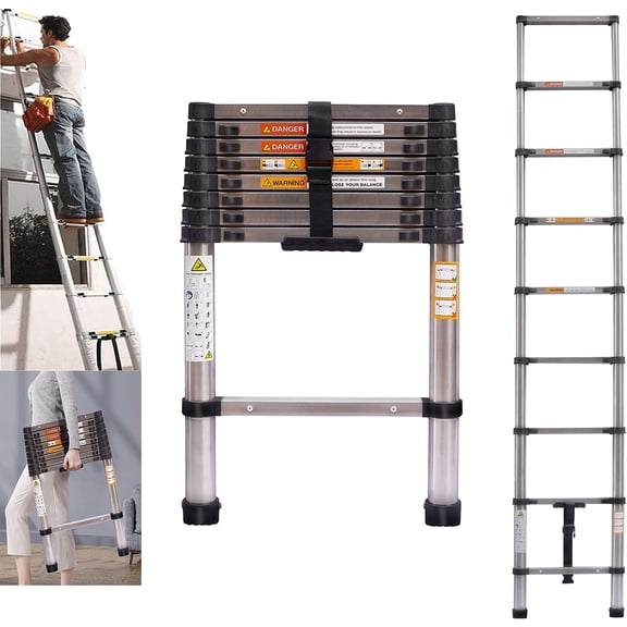 Telescoping Ladder, 8.5 FT Stainless Steel Extension Ladder for Home, Collapsible Ladders 330 Lb Max Capacity, Multi-Purpose Telescopic Ladder for Roof Ceiling, Household Daily, EN131 Certificated