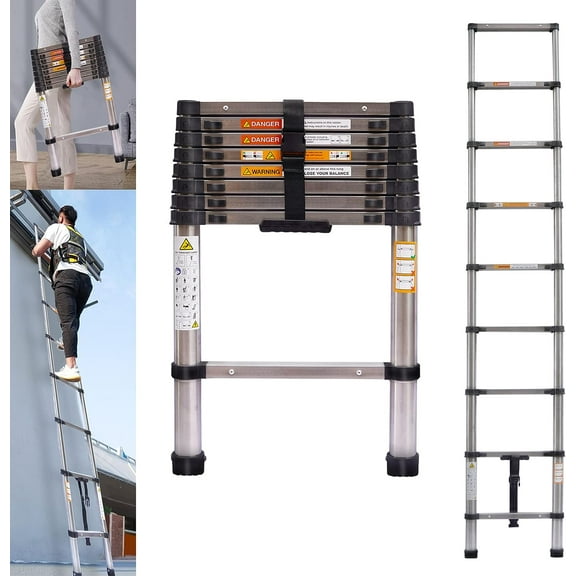 Telescoping Ladder 8.5 FT Stainless Steel Telescopic Extension Extendable Ladder, Multi-Purpose Ladder for Household Daily Use & Roofing Outdoor Work, Folding Collapsible Ladder Max 330 Lb Capacity