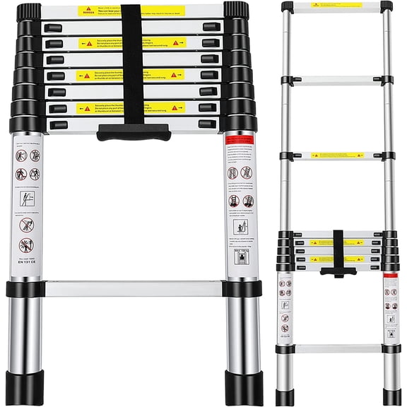 Telescoping Ladder, 8.5FT Aluminum Extension Ladder with 2 Replacement of Non-Slip Rubber Cover, Collapsible Ladder 330 lbs Load Capacity, Telescopic Ladder for Indoor Outdoor Work