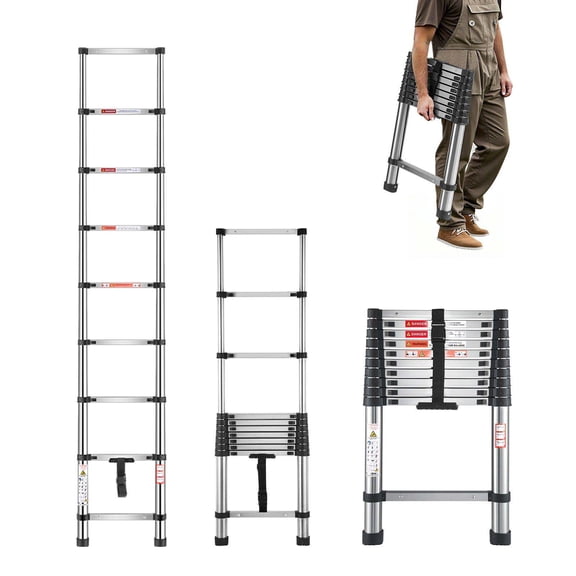 Telescoping Ladder 8.5ft Stainless Steel Extension Ladder, 330LBS Capacity, Collapsible 9-Step Ladder for Home, RV, Loft Use