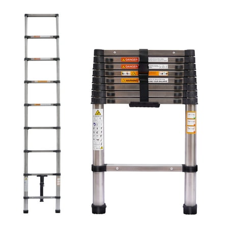 Telescoping Ladder 8.5ft Stainless Steel Folding Extension Ladder Heavy Duty 330lbs Max Load, Adjustable Height Easy to Extend, 2.4ft Folded Size Space Saving for Home Office DIY RV Roof Repair