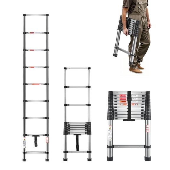 Telescoping Ladder, 8.5ft Stainless Steel Lightweight Extension Ladder, Multi-Button Retraction Collapsible Ladders, 330LBS Capacity & Non-Slip Feet, Portable 9-Step Ladders for Home, RV, Loft