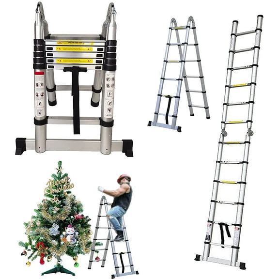 Telescoping Ladder A-Frame Ladder 12.5 FT Extension Ladder with Ladder Stabilizer Bar, Aluminum Lightweight Multi-Purpose Compact Ladders As Straight Ladder + Herringbone Ladder, 330lb Load Capacity
