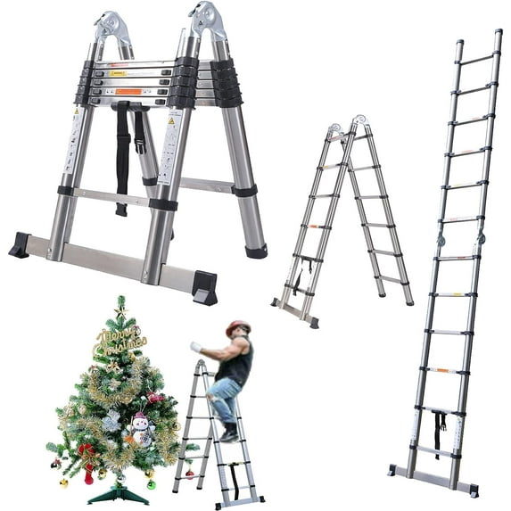 Telescoping Ladder A-Frame Multi-Purpose Stainless Steel Extension Ladder, 2 in 1 Collapsible Ladders for Home- As 12ft Straight Ladder + Herringbone Ladder, 330 Lb Capacity, For Roof, Ceiling, Attic