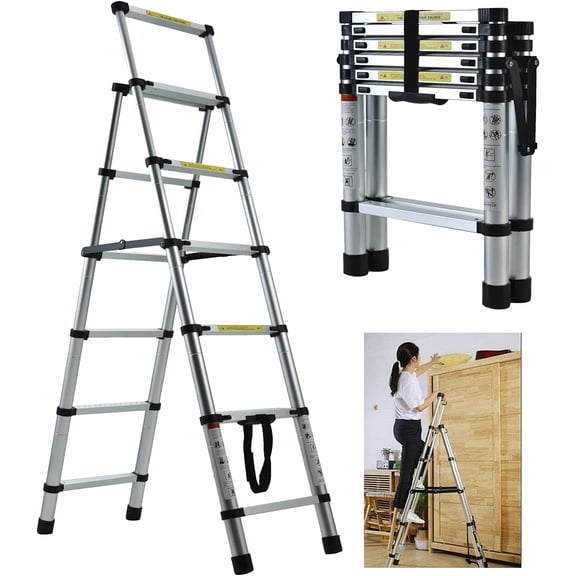Telescoping Ladder Aluminum Extension 5 + 6Step 1.7M - 2.0M Multifunction Purpose Herringbone Portable Household for Home Garage Outdoor Clean Indoor