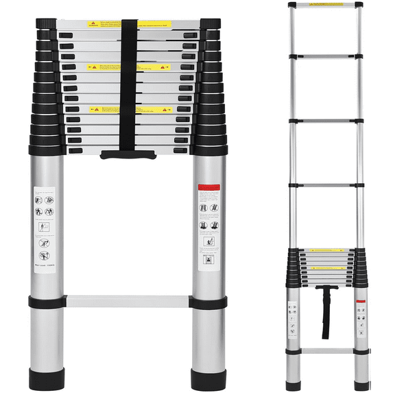 Telescoping Ladder,Aluminum Lightweight Extension Ladder with 2 Triangle Stabilizers for RV or Outdoor Work Multi-Purpose Collapsible Ladder with 330lbs Max Capacity