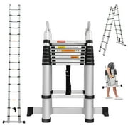 Telescoping Ladder Folding Ladder 16.4ft 8.2ft+8.2ft Aluminum A Shape Portable Home Ladder with Stabilizer Bar, 330lbs Max Load Capacity, Folded Size 3ft, 8 Step + 8 Step Adjustable Height