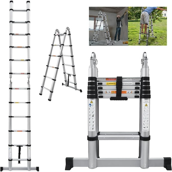 Telescoping Ladder A Frame Ladder with Ladder Stabilizer Support Bar, 12FT Aluminum Multi-Purpose Folding Ladder, Telescopic Ladder Collapsible Ladder for RV, Outdoor Work Ladder, 330lbs Max Capacity