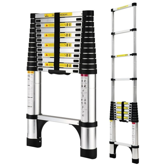 HBTower 12.5 FT Telescoping Ladder, Aluminum Lightweight Extension Ladder with 2 Triangle Stabilizers, Heavy Duty 330lbs Max Capacity, Multi-Purpose Collapsible Ladder for RV or Outdoor Work
